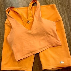 AloYoga Real Bra Tank and High Waist Biker Short set - Neon Apricot - size Small